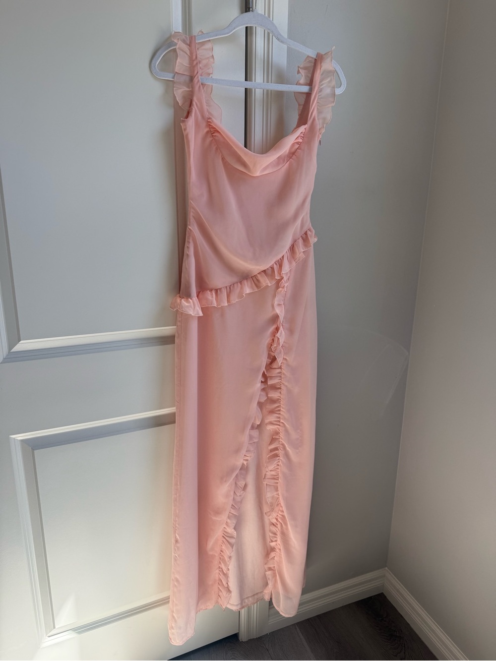 Blush Pink Ruffled Maxi Dress with High Slit